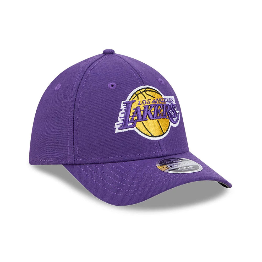 LA Lakers NBA Team Purple New Era 39THIRTY M-Crown Stretch Fit Cap, three-quarter view showing the raised purple and yellow team logo embroidered on the front panel, a curved purple visor and a 39THIRTY size sticker on the visor.