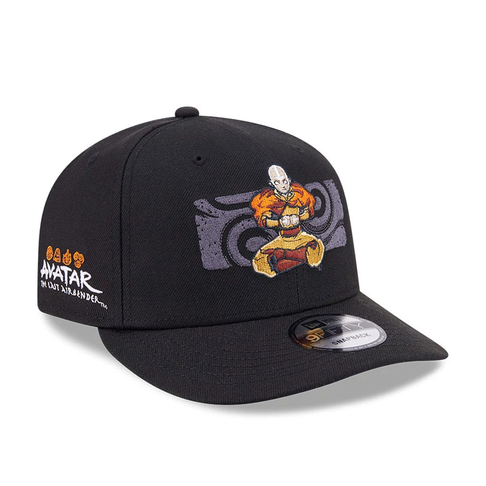 Avatar Aang Black New Era 9FIFTY Snapback Adjustable Cap, three-quarter view showing Aang in orange and yellow embroidered on the front panel, with an Avatar: The Last Airbender logo in white on the left side.