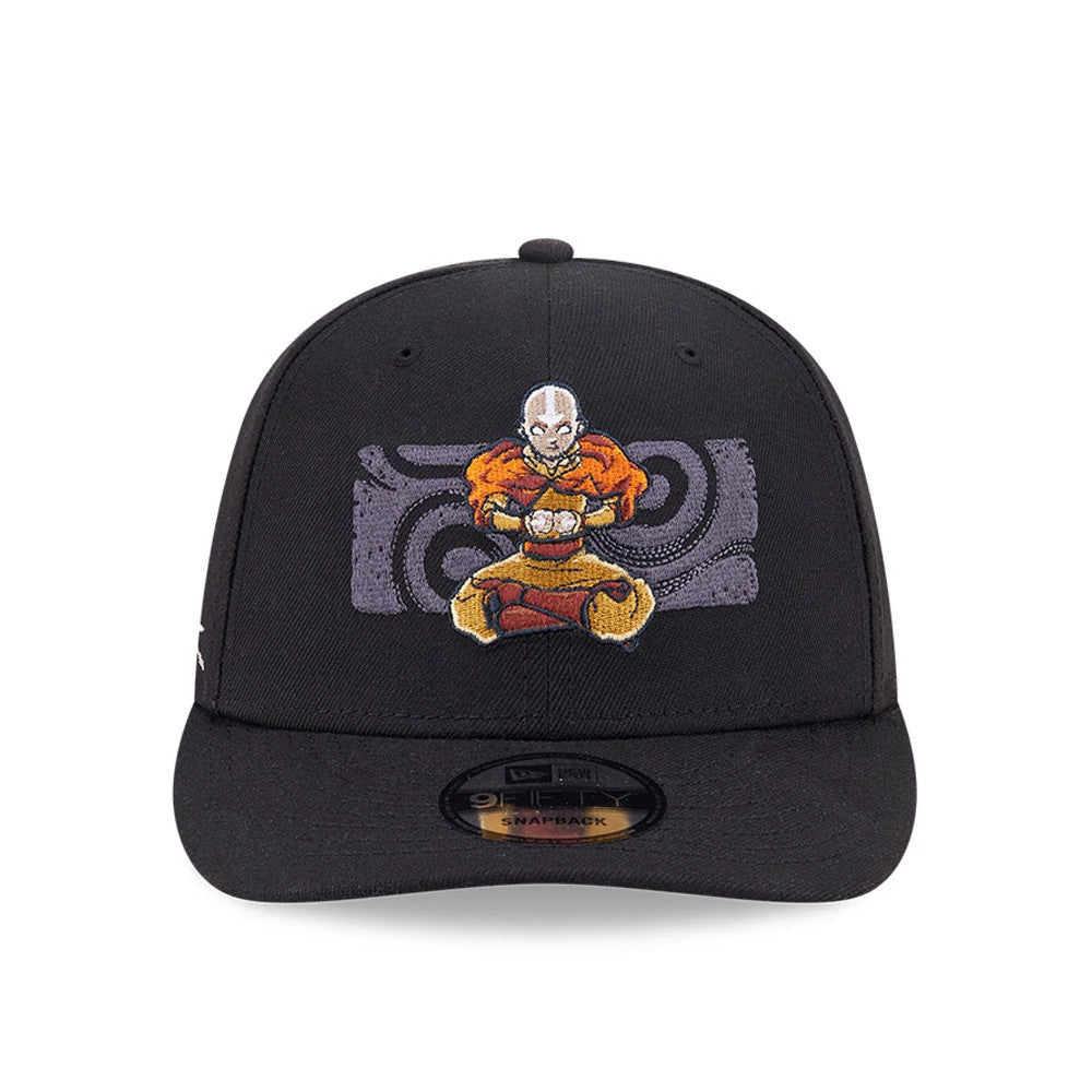 Avatar Aang Black New Era 9FIFTY Snapback Adjustable Cap, front view showing a colourful embroidered Aang character and swirling patterns on the black front panel, with a flat visor and 9FIFTY size sticker on the black visor.