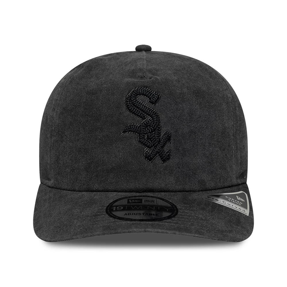 Chicago White Sox MLB Black New Era 19TWENTY Adjustable Cap, front view showing the raised black embroidered Sox logo on the front panel, with a curved visor featuring a 19TWENTY size sticker at the centre.