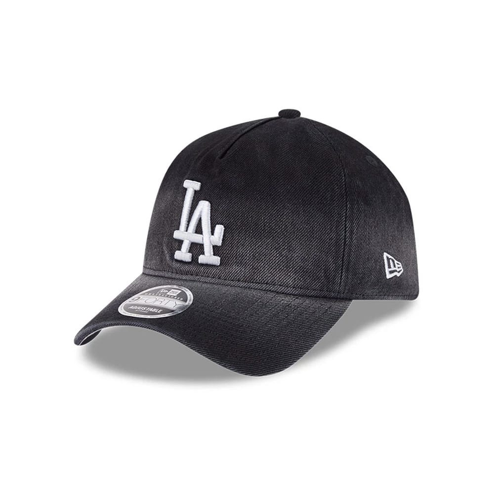 Dodgers MLB Washed Denim Black New Era 9FORTY A-Frame Unstructured Adjustable Cap, front view showing the raised white embroidered LA logo on the front panel, with a pre-curved black visor and a 9FORTY size sticker near the visor.