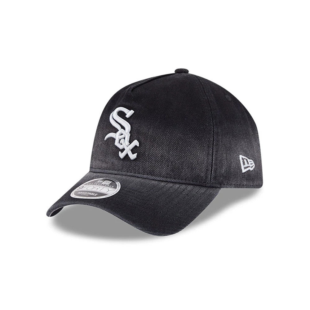 White Sox MLB Washed Denim Black New Era 9FORTY A-Frame Unstructured Adjustable Cap, three-quarter view showing raised white Sox logo embroidery on the front panel, black curved visor with a 9FORTY size sticker.