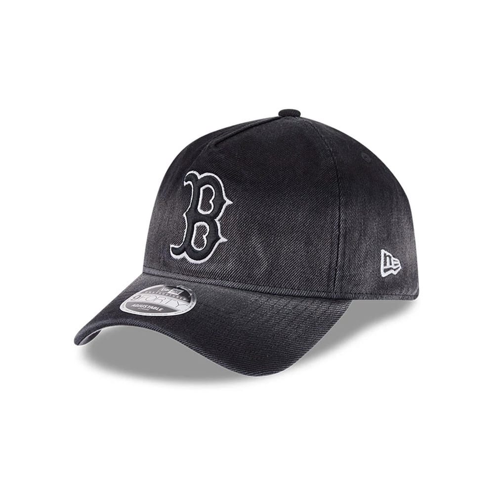 Pictured is this MLB Washed Denim Boston Red Sox 9FORTY A-Frame Unstructured cap in black. 1
