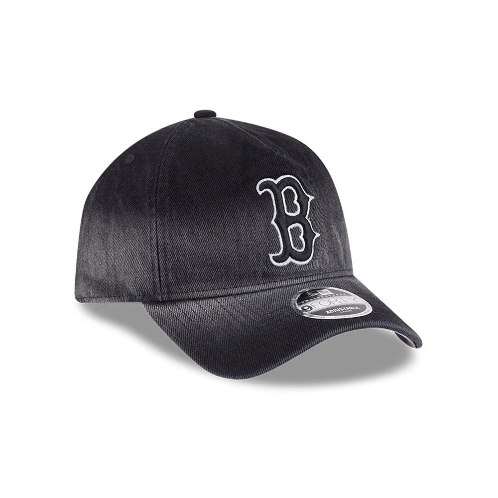 Red Sox MLB Washed Denim Black New Era 9FORTY A-Frame Unstructured Adjustable Cap, three-quarter view showing the white embroidered B logo on the front panel, curved black visor with a 9FORTY size sticker, and structured denim look.