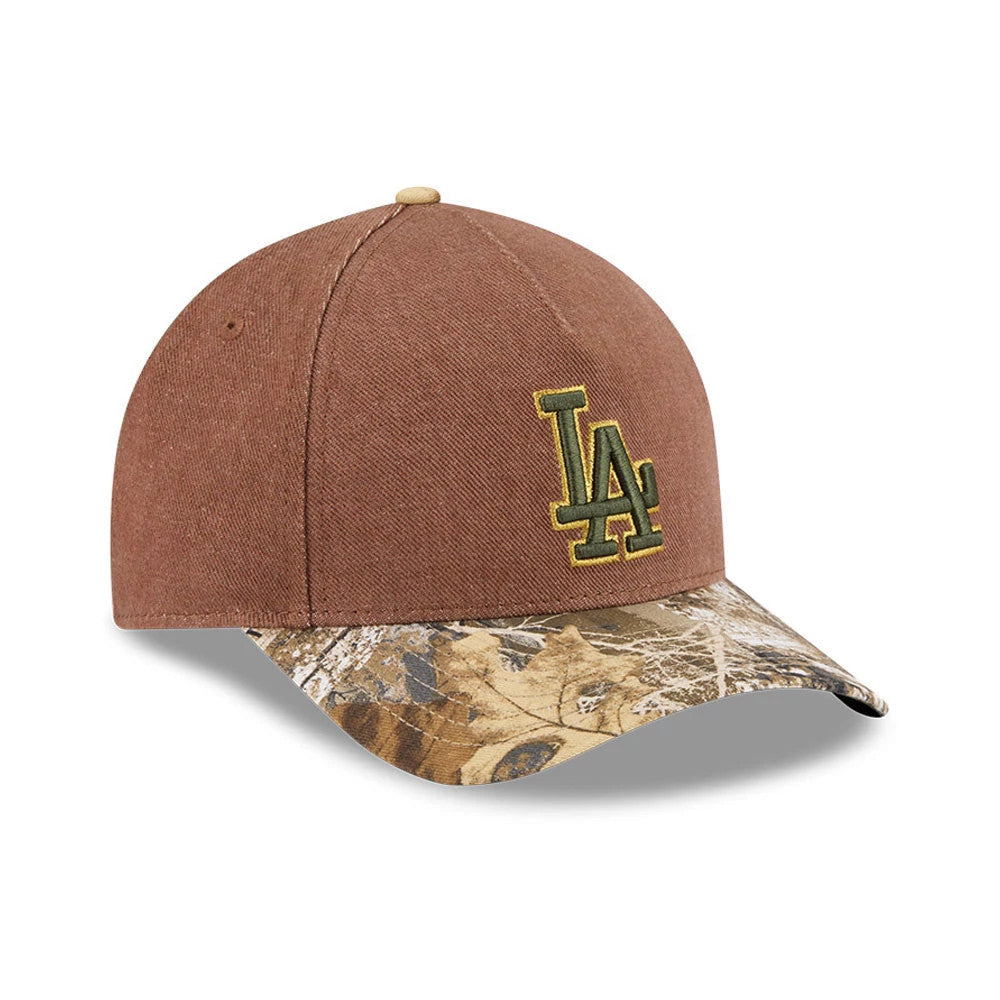 Dodgers MLB Cotton Twill Dark Beige New Era 9FORTY M-Crown A-Frame Adjustable Cap, three-quarter view showing the olive green LA logo in raised embroidery on the dark beige front panel, with a camouflage pattern visor and matching top button.