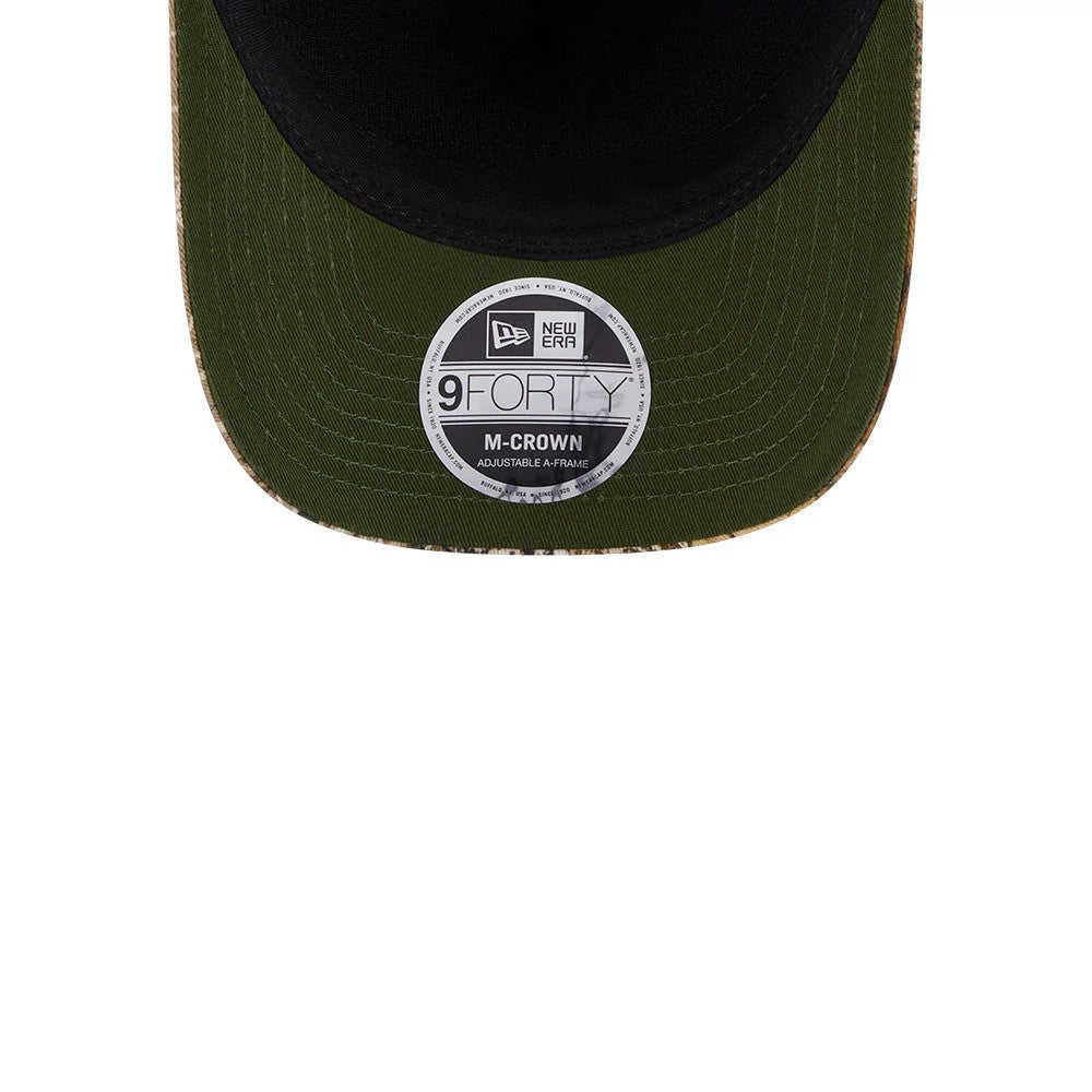 Dodgers MLB Cotton Twill Dark Beige New Era 9FORTY M-Crown A-Frame Adjustable Cap, inside view showing the olive undervisor with stitching, black interior sweatband, and a centred 9FORTY size sticker on the underside of the visor.