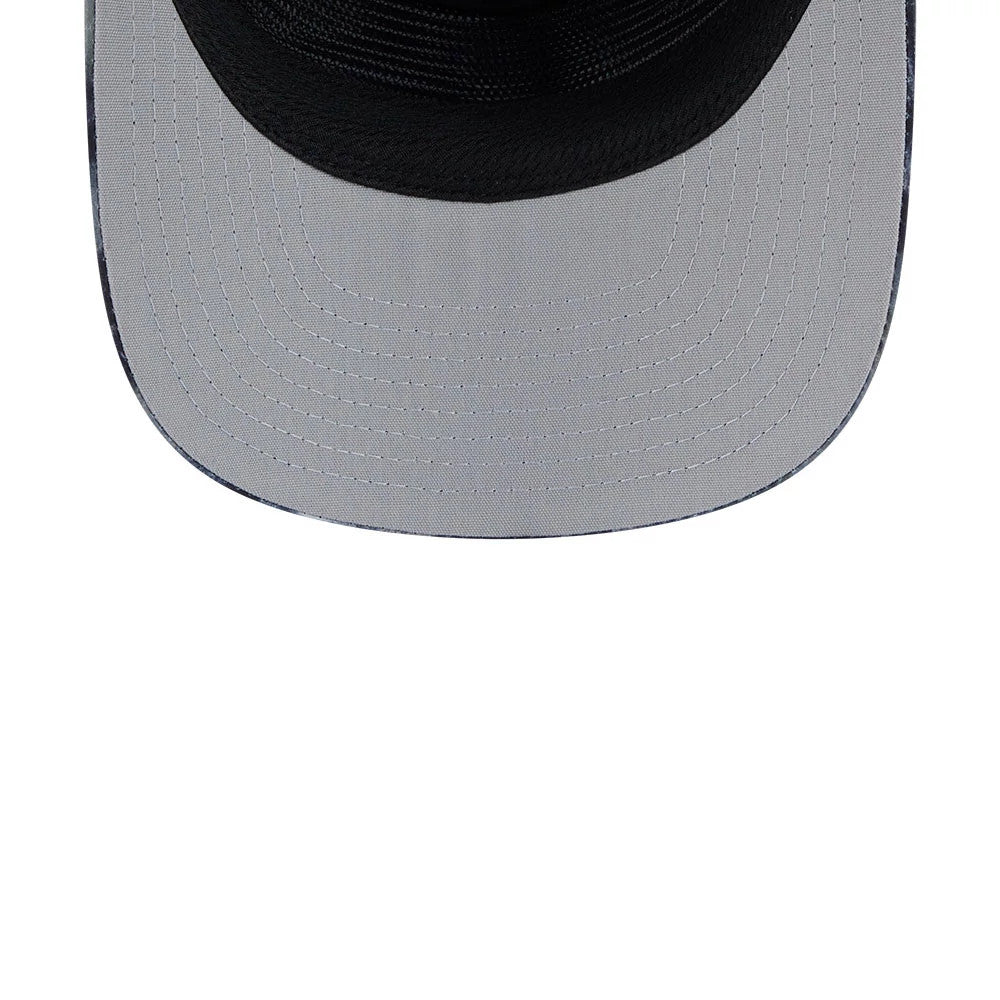 New Era Elevated Basics All Over Print 19TWENTY Adjustable Cap, top view showing a black textured crown and a contrasting grey flat visor with intricate white stitching throughout, creating a pattern.