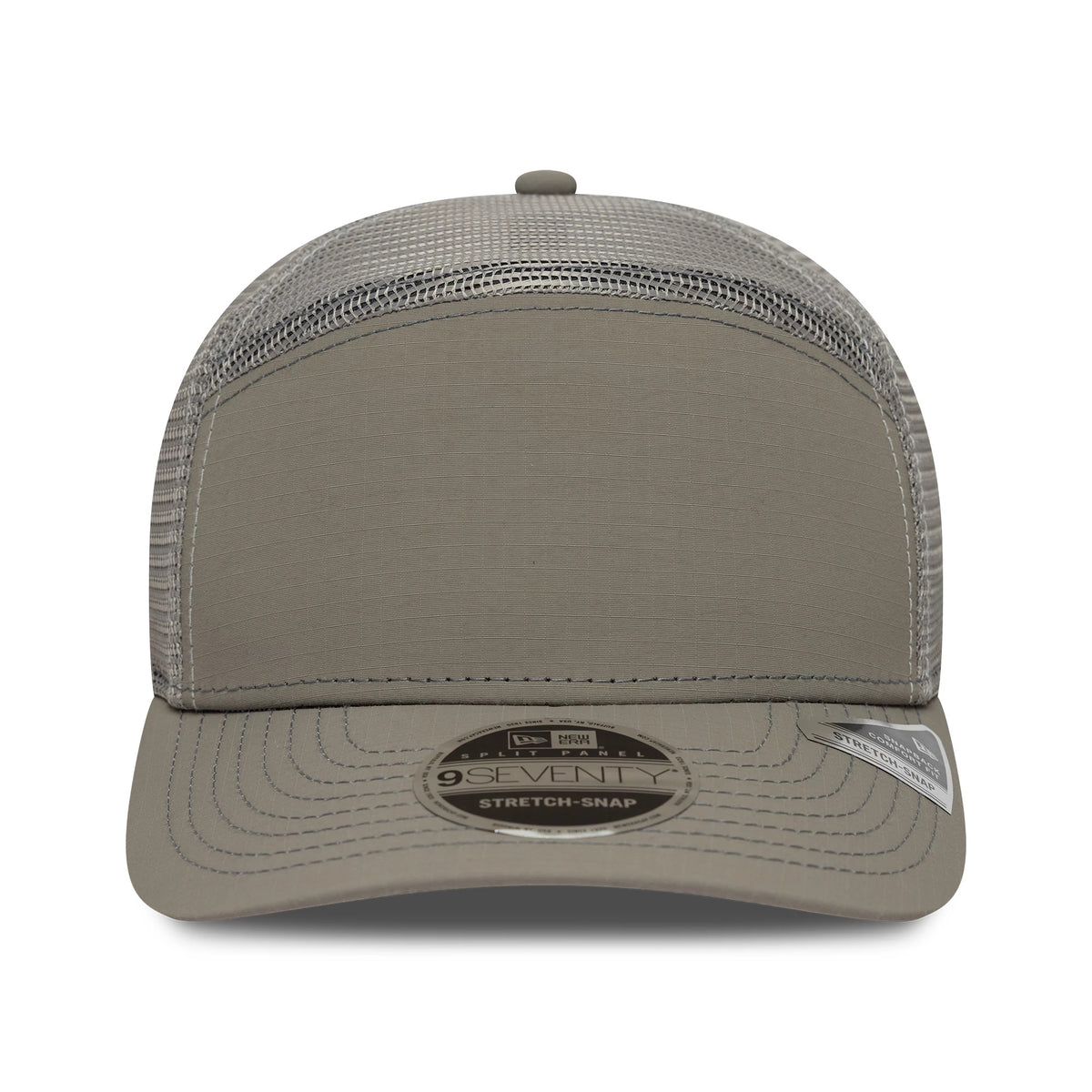 New Era Elevated Basics Open Grey 9SEVENTY Split Panel Stretch Snap Cap, front view showing a structured grey front panel with contrast stitching, grey mesh back panels for breathability, and a 9SEVENTY size sticker centred on the curved visor.