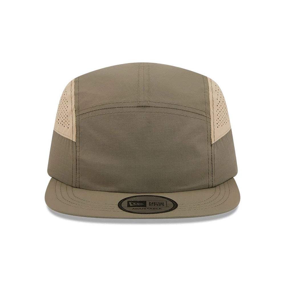 New Era Elevated Basics Open Green Camper Cap, front view showing a structured green crown with beige side panels, flat green visor, and a black New Era Adjustable badge on the centre of the visor.