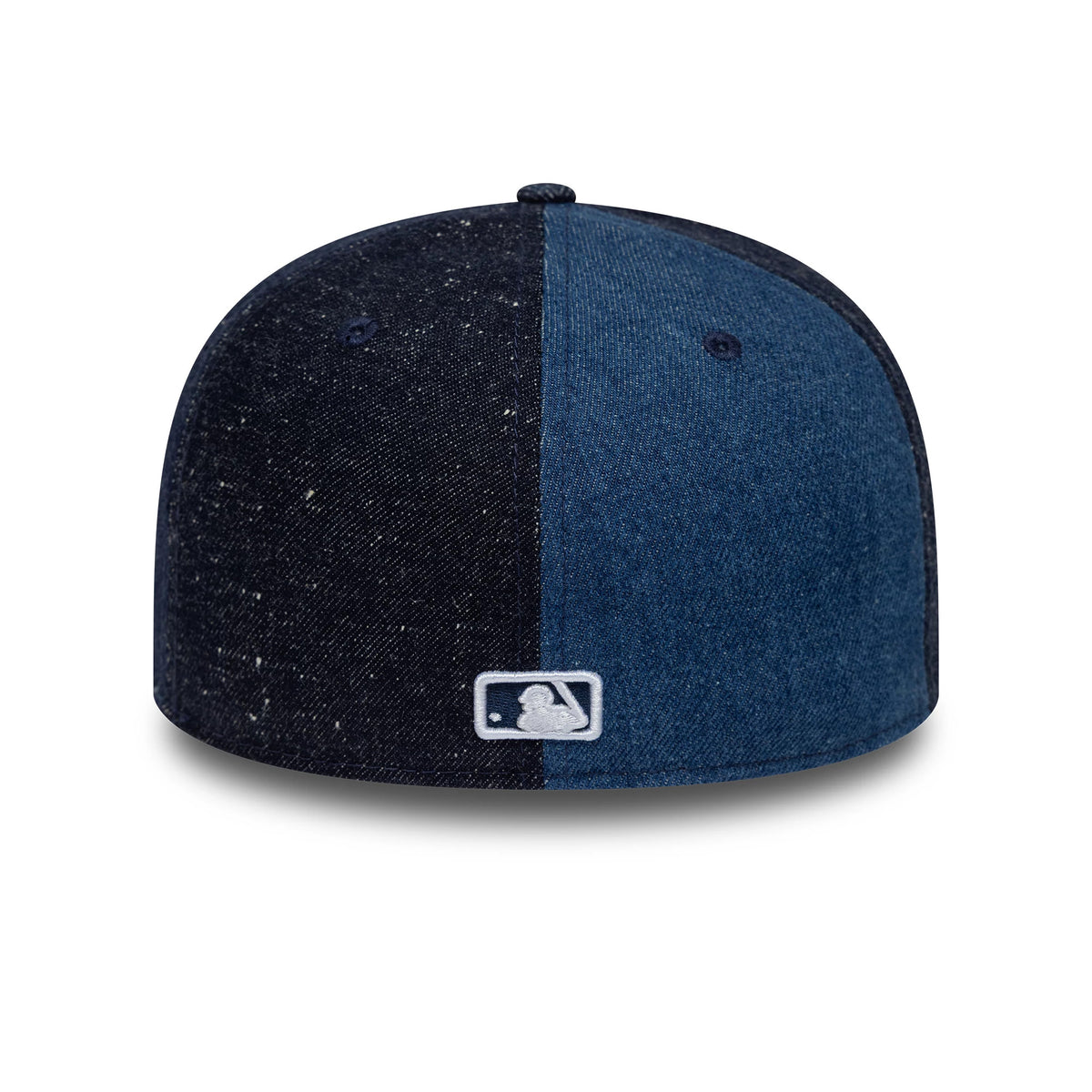 Atlanta Braves MLB Multipanel Navy Retro Crown New Era 59FIFTY Fitted Cap, rear view showing the white embroidered MLB Batterman logo centred on the two-tone navy and dark blue back panels with a slightly textured appearance.