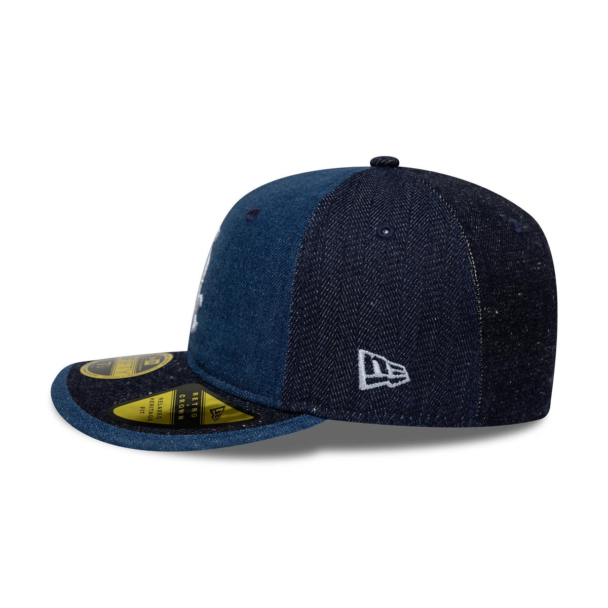 Chicago White Sox MLB Multipanel Navy Retro Crown New Era 59FIFTY Fitted Cap, side view showing the white embroidered New Era flag logo on the left panel, multipanel navy design with herringbone pattern.