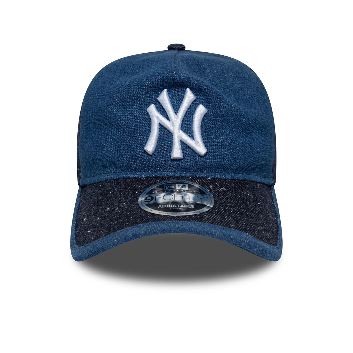Yankees MLB Multipanel Navy New Era 9FORTY A-Frame Unstructured Adjustable Cap, front view showing the white embroidered Yankees logo on the centre front panel, contrasting speckled navy visor, and featuring a 9FORTY size sticker on the visor.
