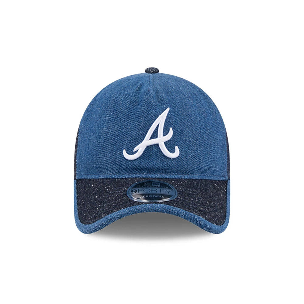 Braves MLB Multipanel Navy New Era 9FORTY A-Frame Unstructured Adjustable Cap, front view showing the raised white embroidered A logo on the structured navy crown, with a curved navy visor and the 9FORTY size sticker.