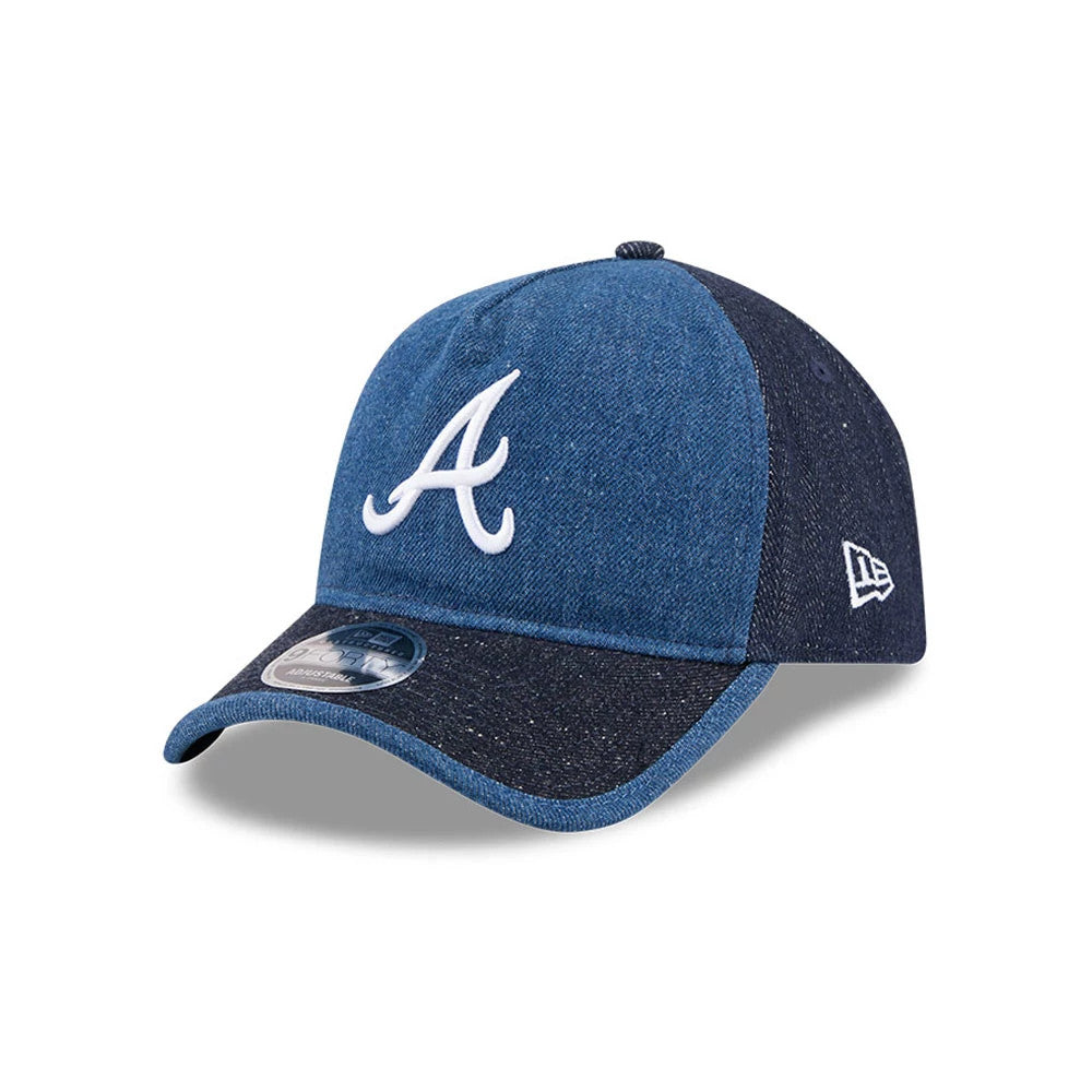 Braves MLB Multipanel Navy New Era 9FORTY A-Frame Unstructured Adjustable Cap, three-quarter view showing the white raised embroidered A logo on the front panel, curved navy visor with a 9FORTY size sticker, and New Era flag logo on the left side.