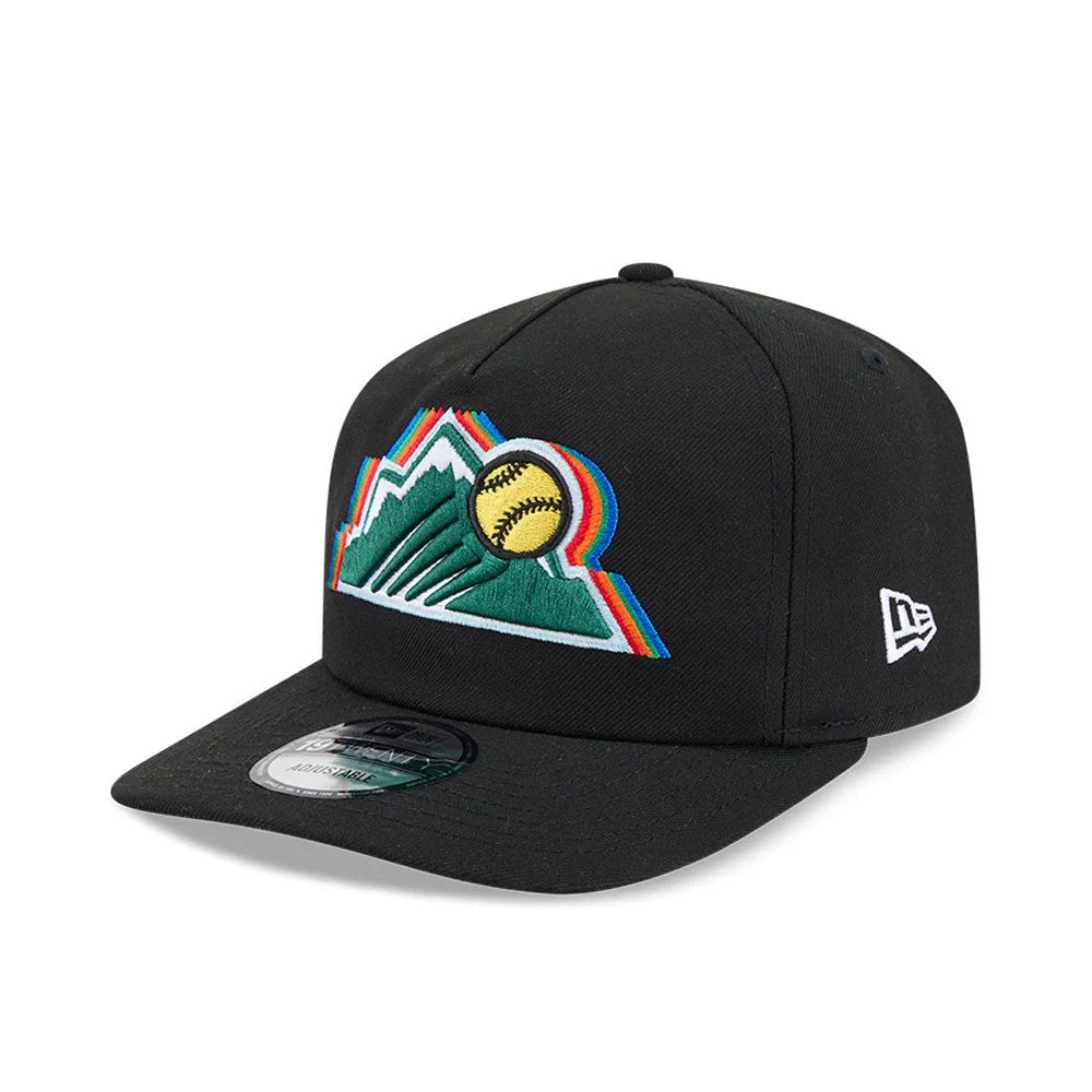 Colorado Rockies MLB South Park Black New Era 19TWENTY Adjustable Cap, three-quarter view showing the raised multicoloured embroidered front panel graphic, curved black visor with a 19TWENTY size sticker.