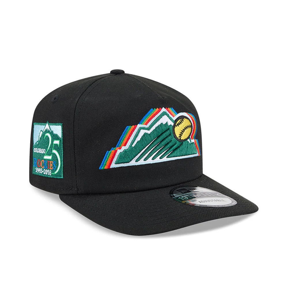 Colorado Rockies MLB South Park Black New Era 19TWENTY Adjustable Cap, three-quarter view showing a colourful embroidered mountain and baseball design on the front panel, a commemorative side patch, and a 19TWENTY size sticker on the black visor.