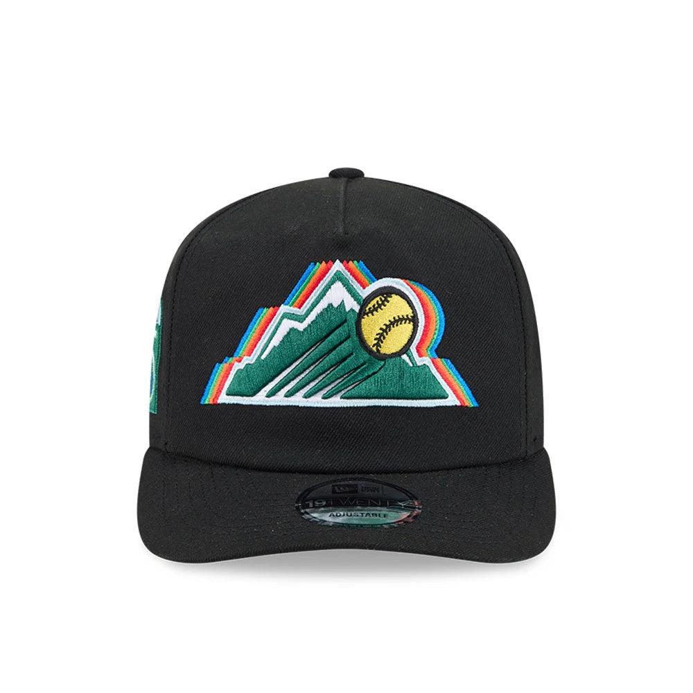 Colorado Rockies MLB South Park Black New Era 19TWENTY Adjustable Cap, front view showing a colourful embroidered mountain and baseball graphic on the structured black crown, with a 19TWENTY size sticker on the matching black flat visor.