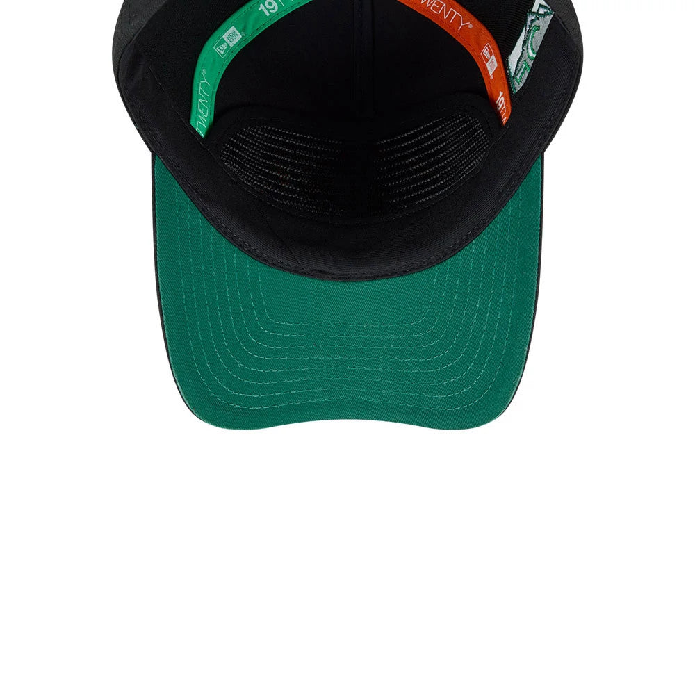 Colorado Rockies MLB South Park Black New Era 19TWENTY Adjustable Cap, inside view showing the green undervisor, orange and green taping with New Era and 19TWENTY logos, and a black sweatband to provide comfort and support.