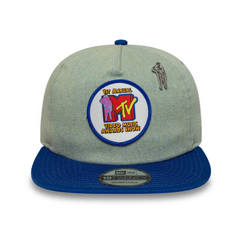 MTV Awards Show Blue New Era 19TWENTY Adjustable Cap, front view showing a colourful embroidered 1st Annual MTV Video Music Awards Show patch on the crown, a silver astronaut pin on the left panel, and a blue visor with a 19TWENTY size sticker.
