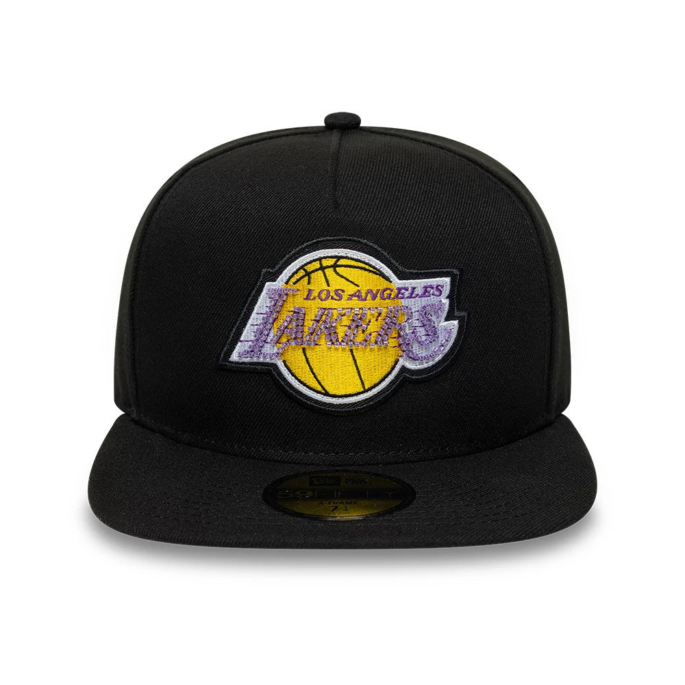 LA Lakers NBA Bead Black New Era 59FIFTY A-Frame Fitted Cap, front view showing a raised Lakers logo in purple and yellow embroidered on the black front panel, with a flat visor and a gold 59FIFTY size sticker on the visor.