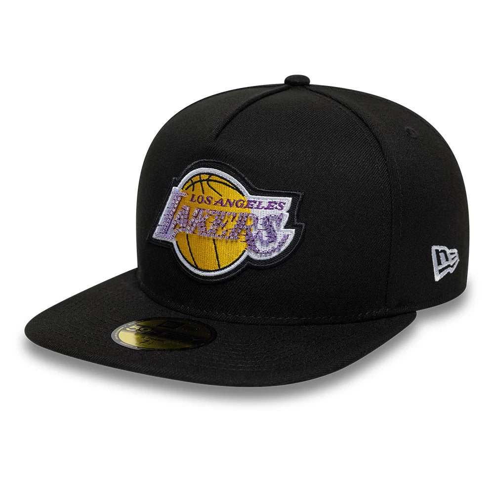 LA Lakers NBA Bead Black New Era 59FIFTY A-Frame Fitted Cap, front view showing the raised embroidered Lakers logo in purple and gold on the front panel, with a gold 59FIFTY size sticker on the flat black visor and New Era flag logo on the left side.