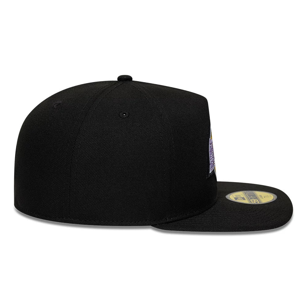 LA Lakers NBA Bead Black New Era 59FIFTY A-Frame Fitted Cap, side view showing the structured black crown with small black eyelets, a flat black visor with the gold 59FIFTY size sticker, and the New Era flag logo embroidered on the left side.