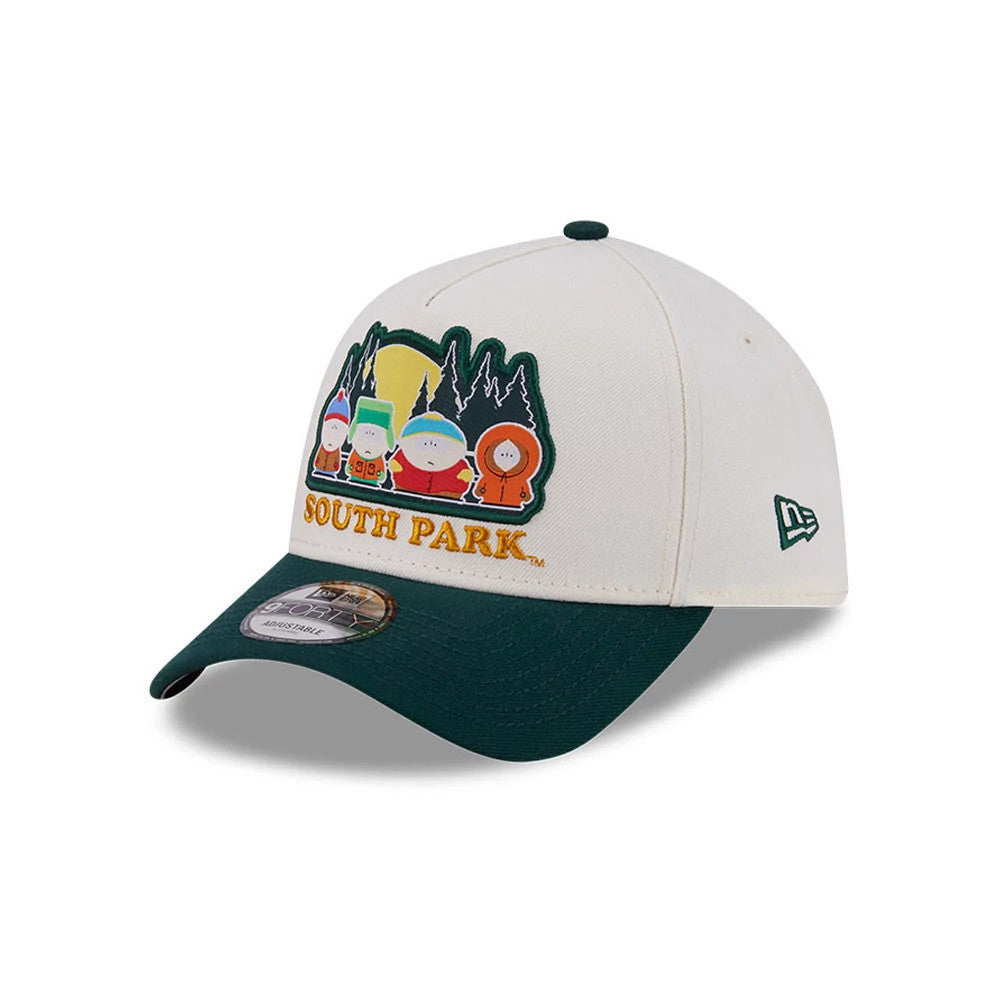 South Park White New Era 9FORTY A-Frame Adjustable Cap, front view showing the colourful embroidered South Park characters on the white front panel, with a curved green visor and a 9FORTY size sticker.