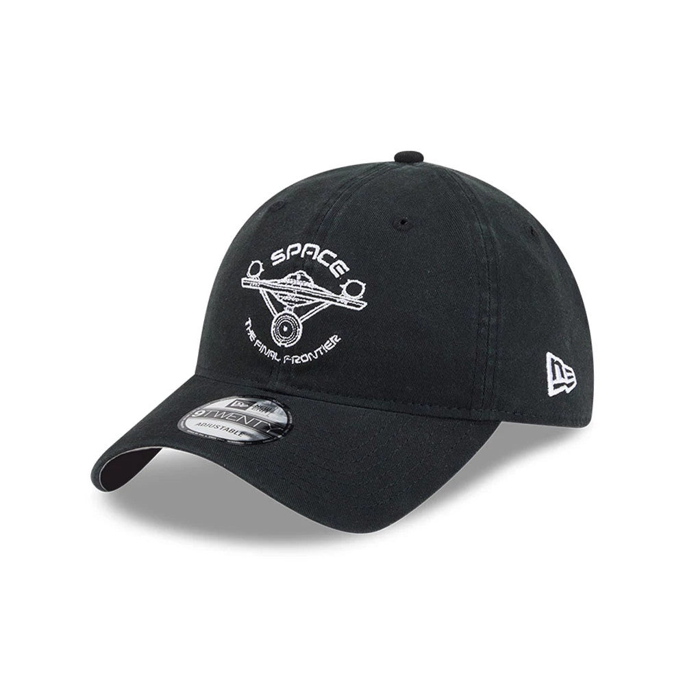 Star Trek The Final Frontier Black New Era 9TWENTY Adjustable Cap, three-quarter view showing the white embroidered Star Trek graphic on the front panel, with a curved black visor and the New Era flag logo on the left side.