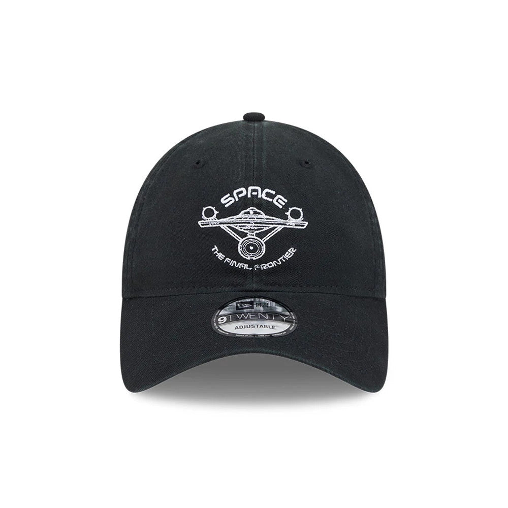 Star Trek The Final Frontier Black New Era 9TWENTY Adjustable Cap, front view showing the embroidered Starfleet Command logo with Space The Final Frontier text in white on the black crown, featuring a curved visor and 9TWENTY size sticker.