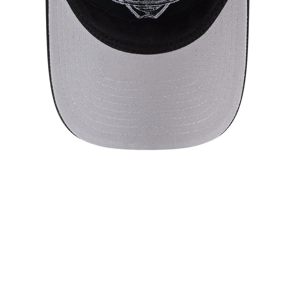 Star Trek The Final Frontier Black New Era 9TWENTY Adjustable Cap, top view showing the detailed white Starfleet logo embroidery on the black front panel with a contrasting grey visor featuring stitching.