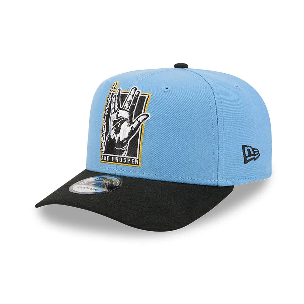 Star Trek Live Long And Prosper Pastel Blue New Era 9FIFTY Snapback Adjustable Cap, front view showing the raised embroidery of a Vulcan salute in black and white with yellow accents on the front panel, a black visor with a 9FIFTY size sticker.