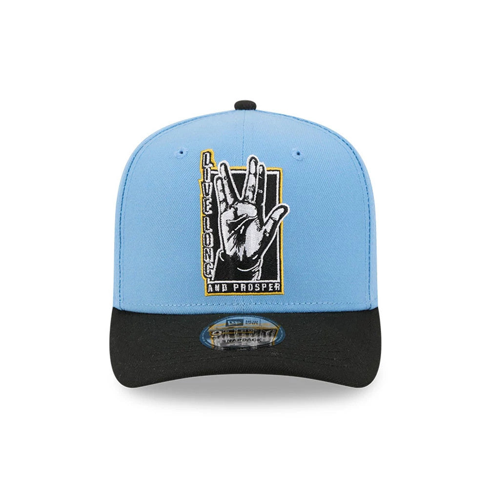 Star Trek Live Long And Prosper Pastel Blue New Era 9FIFTY Snapback Adjustable Cap, front view showing a raised embroidery of a Vulcan salute with Live Long and Prosper text on the light blue crown, paired with a flat black visor.
