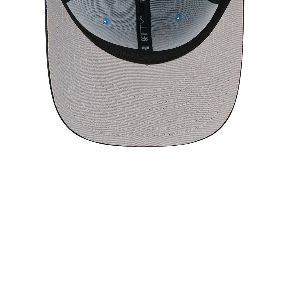 Star Trek Live Long And Prosper Pastel Blue New Era 9FIFTY Snapback Adjustable Cap, inside view showing a grey undervisor, black sweatband with 9FIFTY branding and black taping, along with pastel blue rivets on a structured crown.