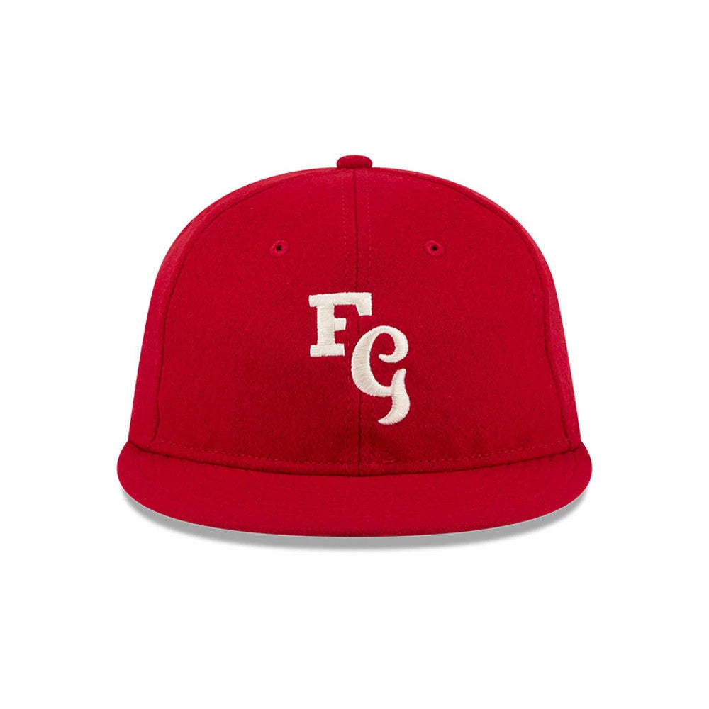 Cincinnati Reds Fear Of God X MLB Open Red Retro Crown New Era 59FIFTY Fitted Cap, front view showing the white FG logo with raised embroidery on the structured red crown, a flat visor, and matching top button and eyelets.