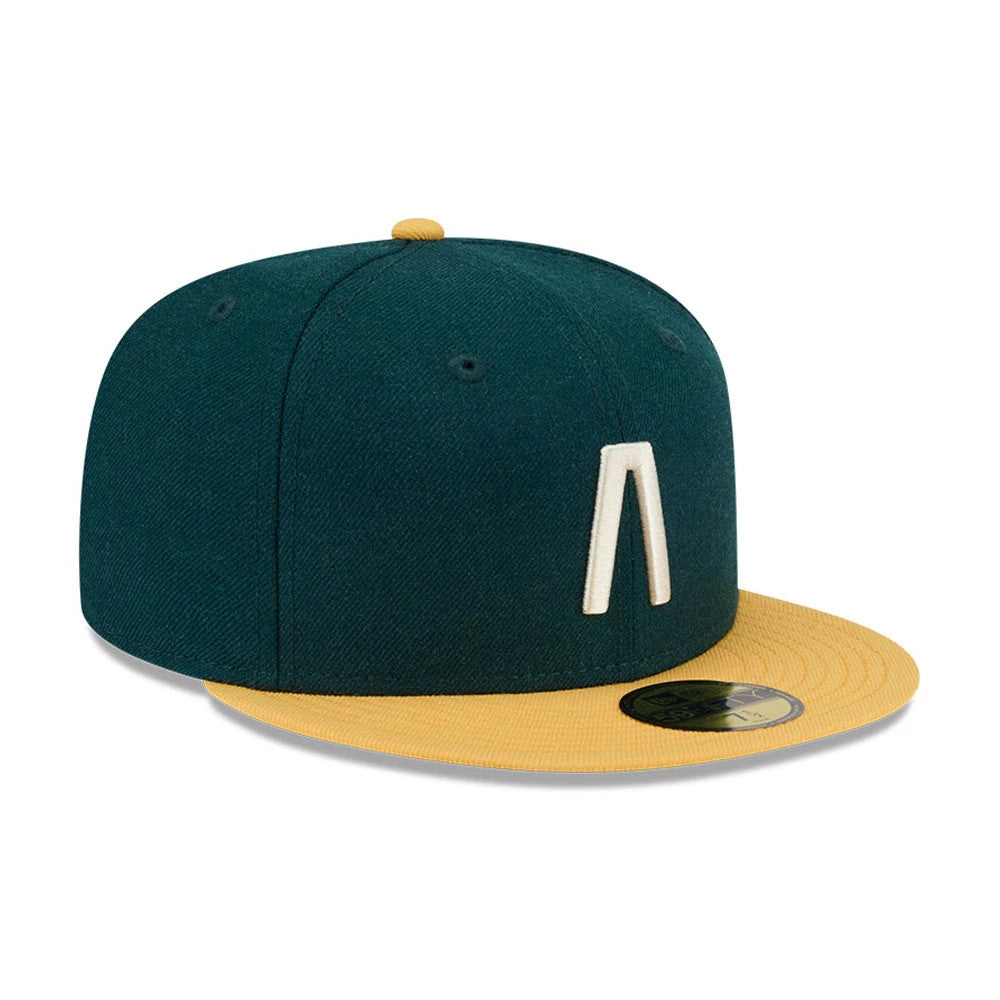 Pictured is this Fear Of God X MLB Logo 59FIFTY Fitted cap in dark green & yellow. 4