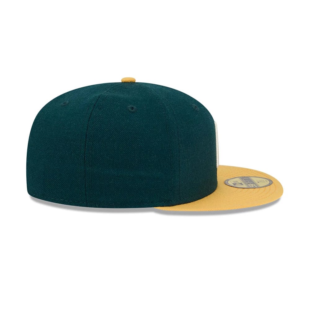 Pictured is this Fear Of God X MLB Logo 59FIFTY Fitted cap in dark green & yellow. 7