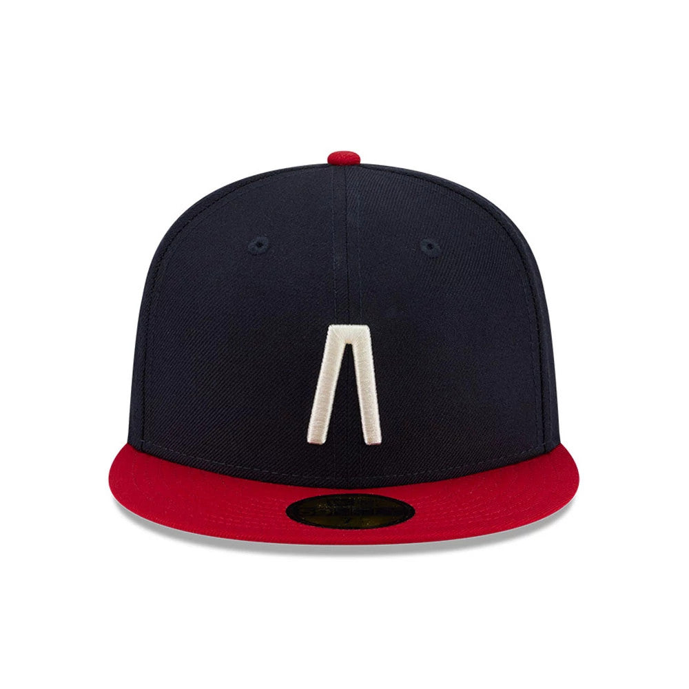 Pictured is this Fear Of God X MLB Logo 59FIFTY Fitted cap in navy & red. 3