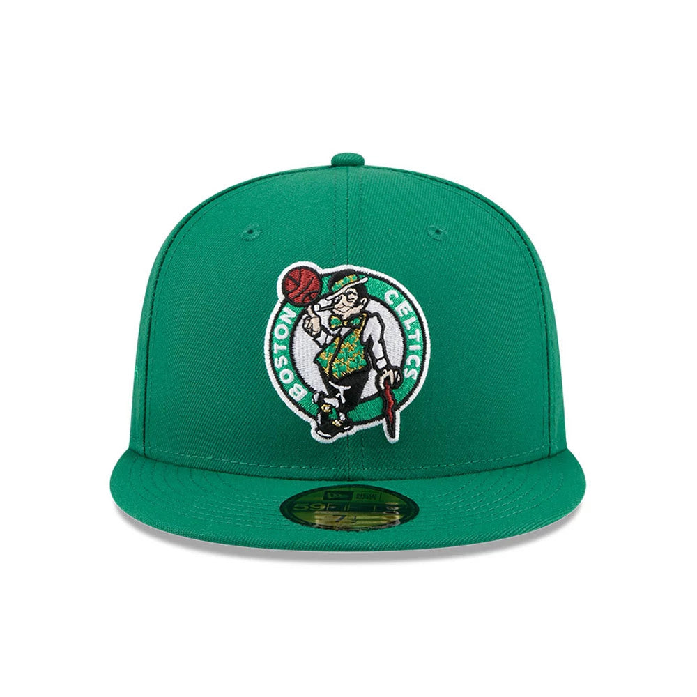 Boston Celtics NBA X J-FROST Green New Era 59FIFTY Fitted Cap, front view showing the raised embroidered Celtics mascot logo in detailed green and white on the structured crown, with a matching solid green visor and gold 59FIFTY size sticker.