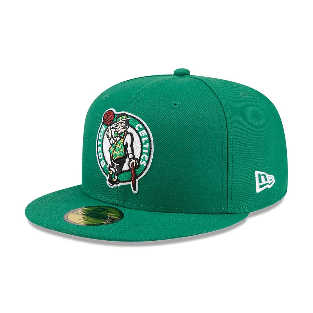 Boston Celtics NBA X J-FROST Green New Era 59FIFTY Fitted Cap, three-quarter view showing a detailed white and green embroidered Celtics logo on the front panel, a matching green flat visor with a gold 59FIFTY size sticker.