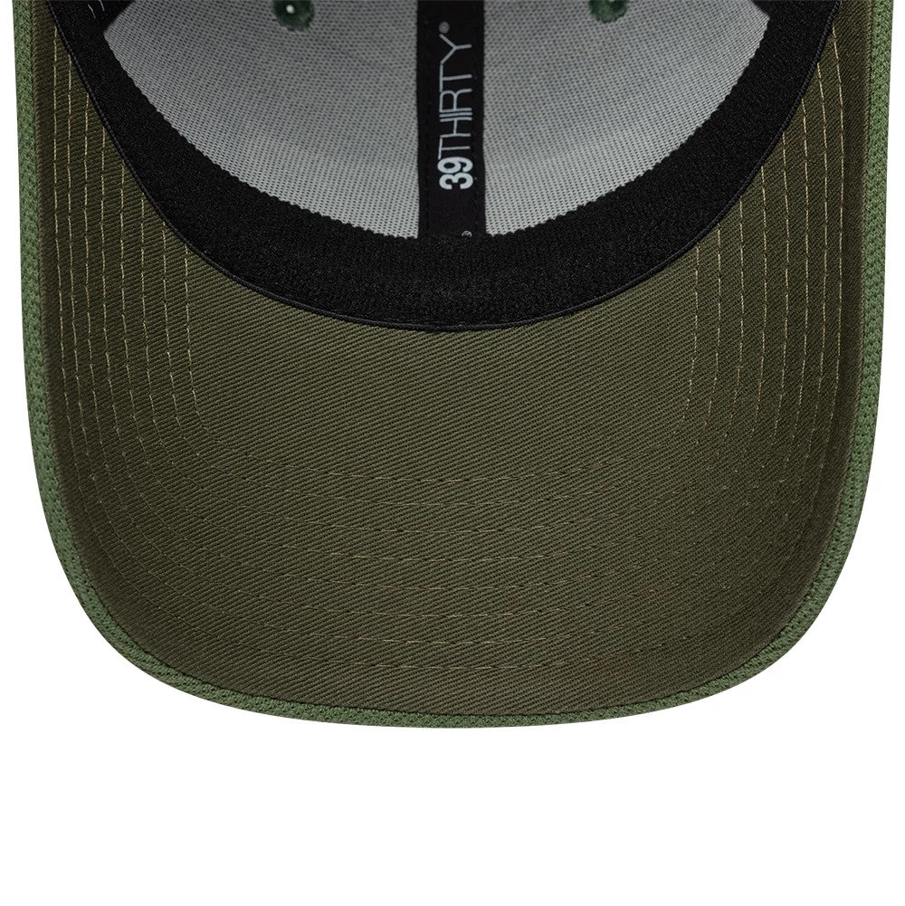 New Era Jersey Green 39THIRTY Stretch Fit Cap, inside view showing the black sweatband, grey taping with 39THIRTY branding, and a dark green undervisor, highlighting the detailed stitching on the curved visor edges.