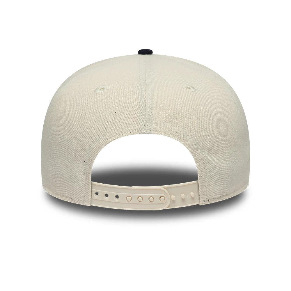 Yankees MLB Ombre Script Light Beige New Era 9FIFTY Snapback Adjustable Cap, rear view showing the beige adjustable snapback panel, textured light beige structured crown, and small black top button on the gently curved shape.