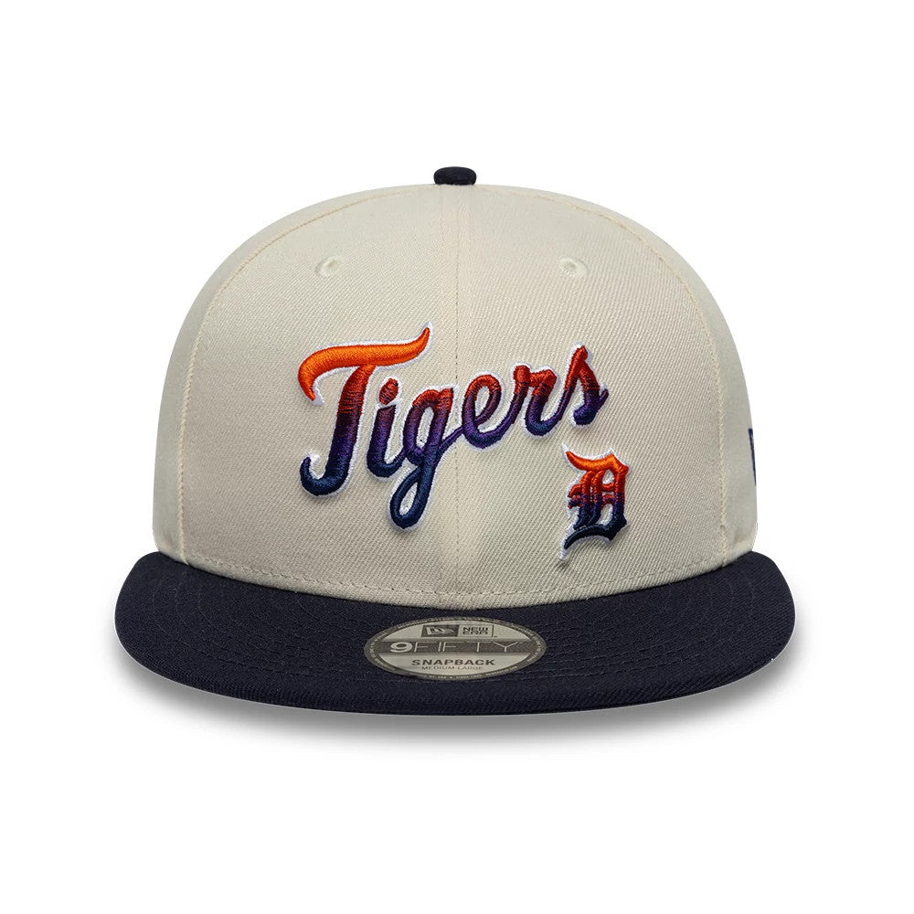 Pictured is this MLB Ombre Script Detroit Tigers 9FIFTY Snapback cap in light beige & navy. 2