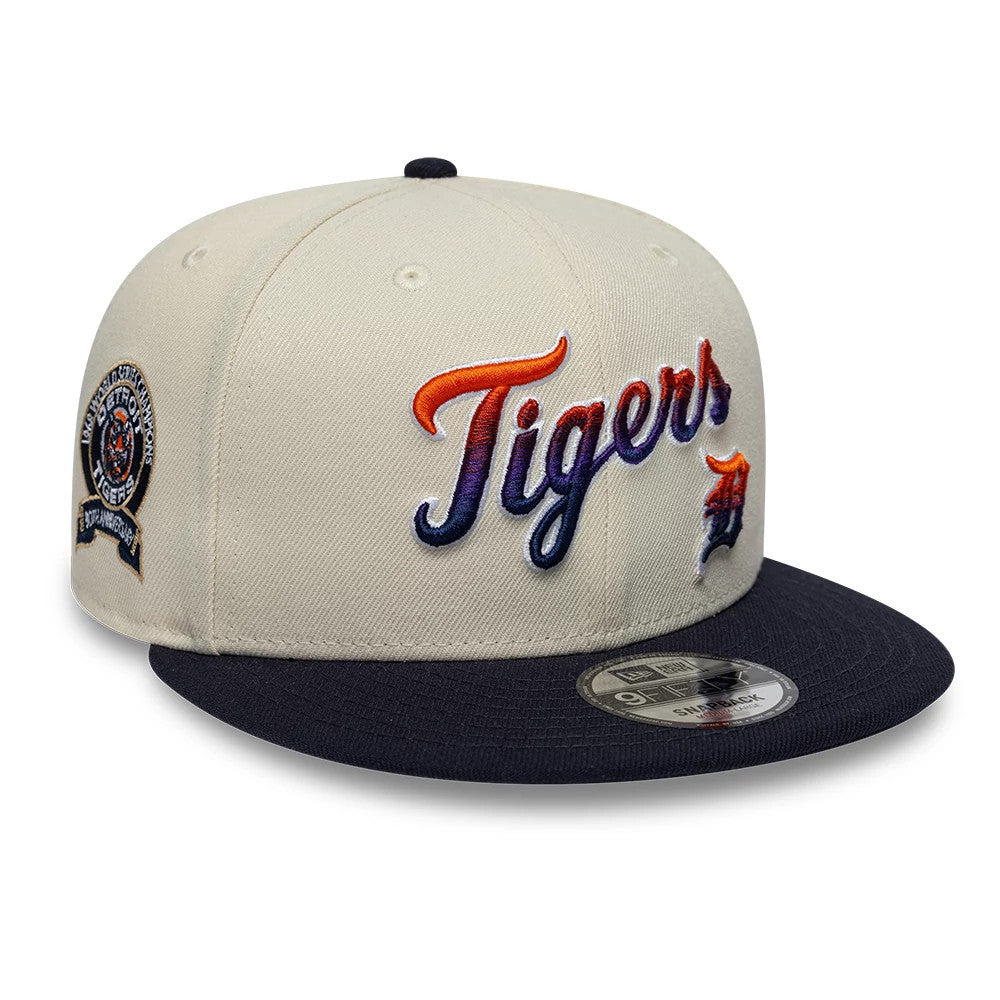 Pictured is this MLB Ombre Script Detroit Tigers 9FIFTY Snapback cap in light beige & navy. 1