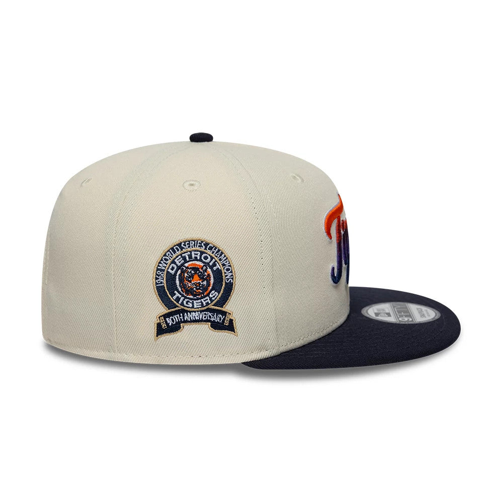 Pictured is this MLB Ombre Script Detroit Tigers 9FIFTY Snapback cap in light beige & navy. 4