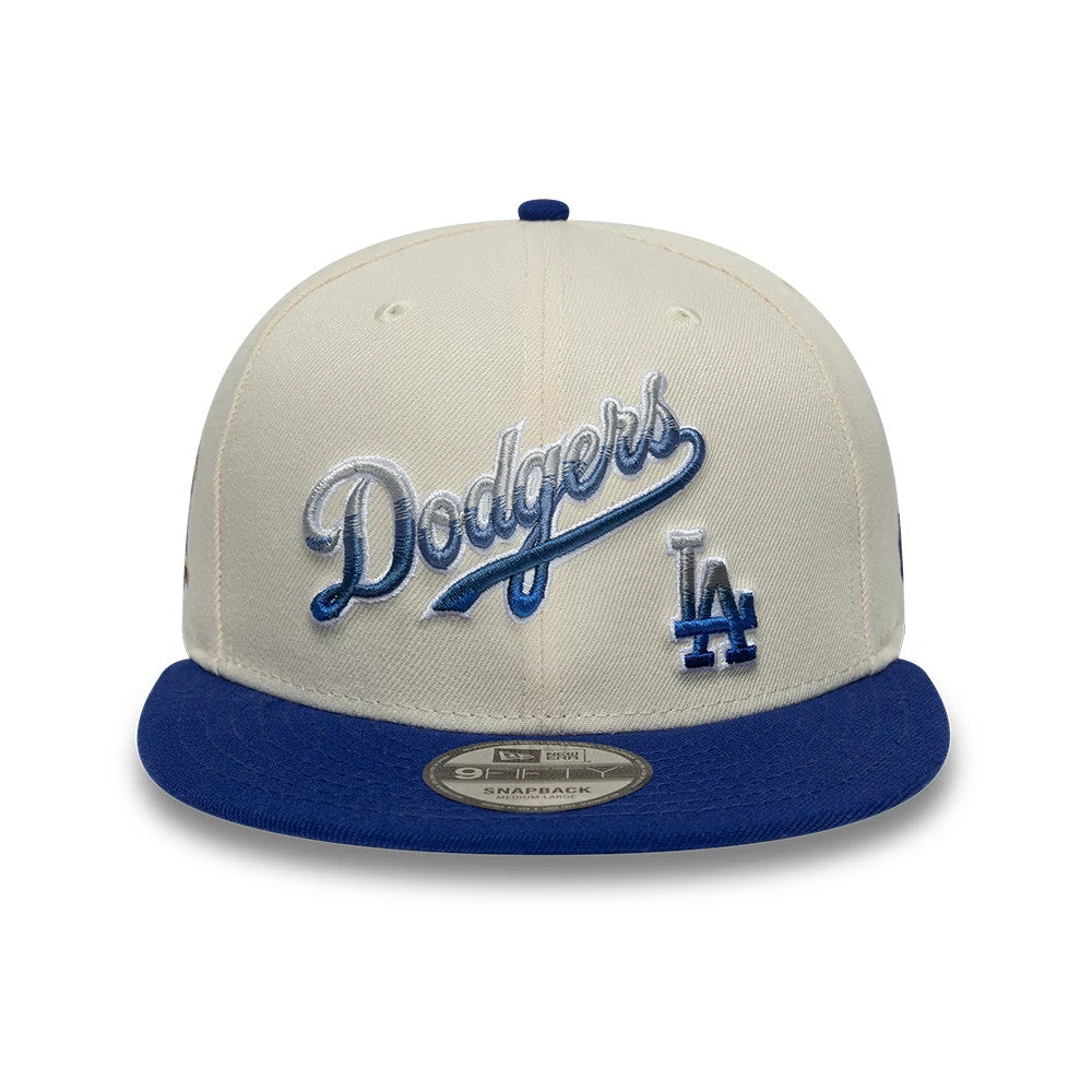 Pictured is this MLB Ombre Script Los Angeles Dodgers 9FIFTY Snapback cap in light beige & blue. 2