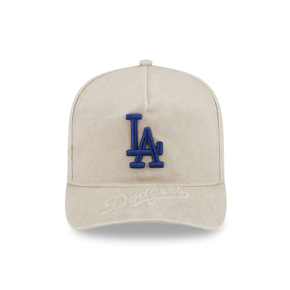 LA Dodgers MLB Light Beige New Era 9FIFTY A-Frame Snapback Adjustable Cap, front view showing a blue raised embroidered LA logo on the structured beige crown and an embroidered white Dodgers script on the curved beige visor.