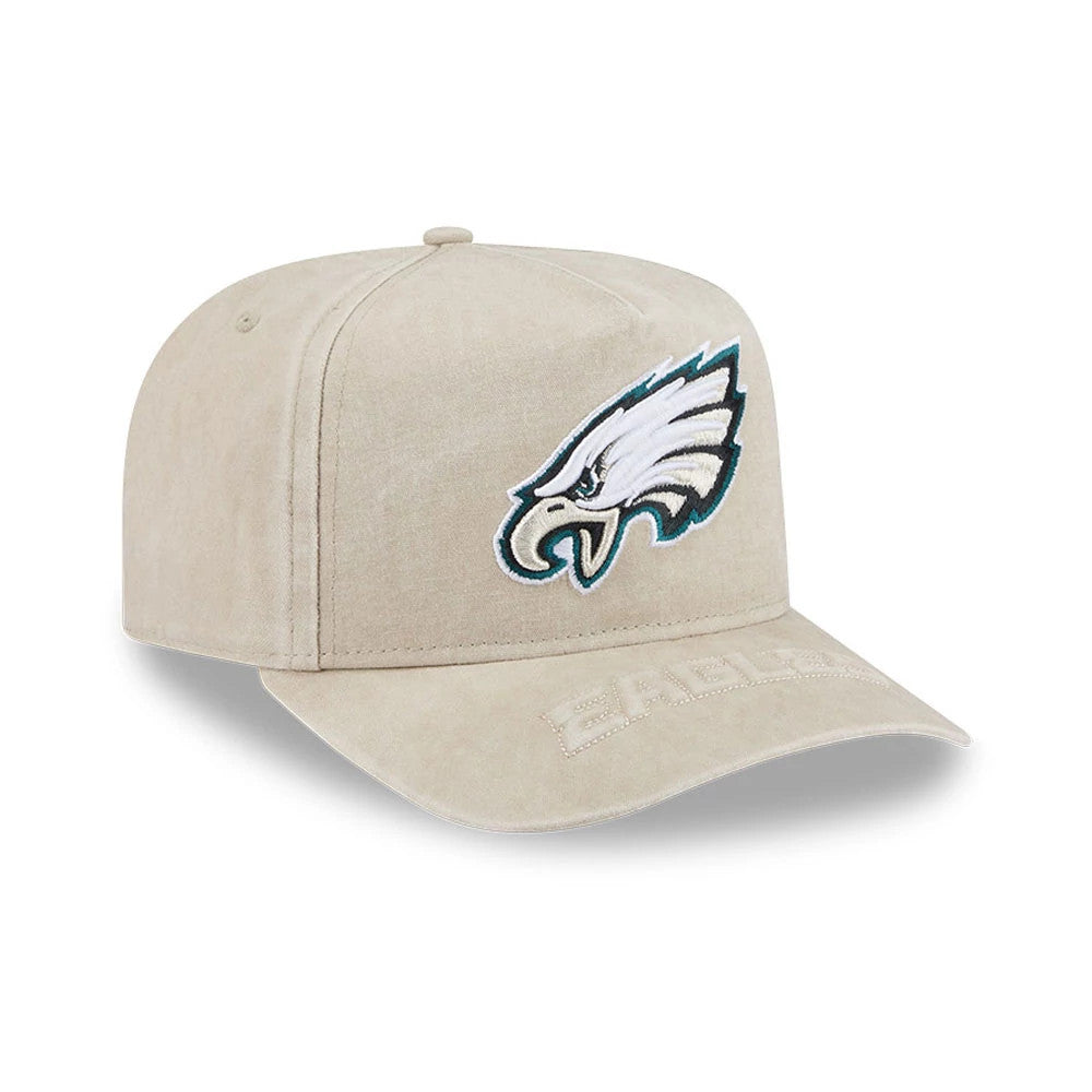 Philadelphia Eagles NFL Light Beige New Era 9FIFTY A-Frame Snapback Adjustable Cap, three-quarter view showing the detailed embroidered Eagles logo on the front panel, light beige curved visor with Eagles stitching, and a high structured crown.
