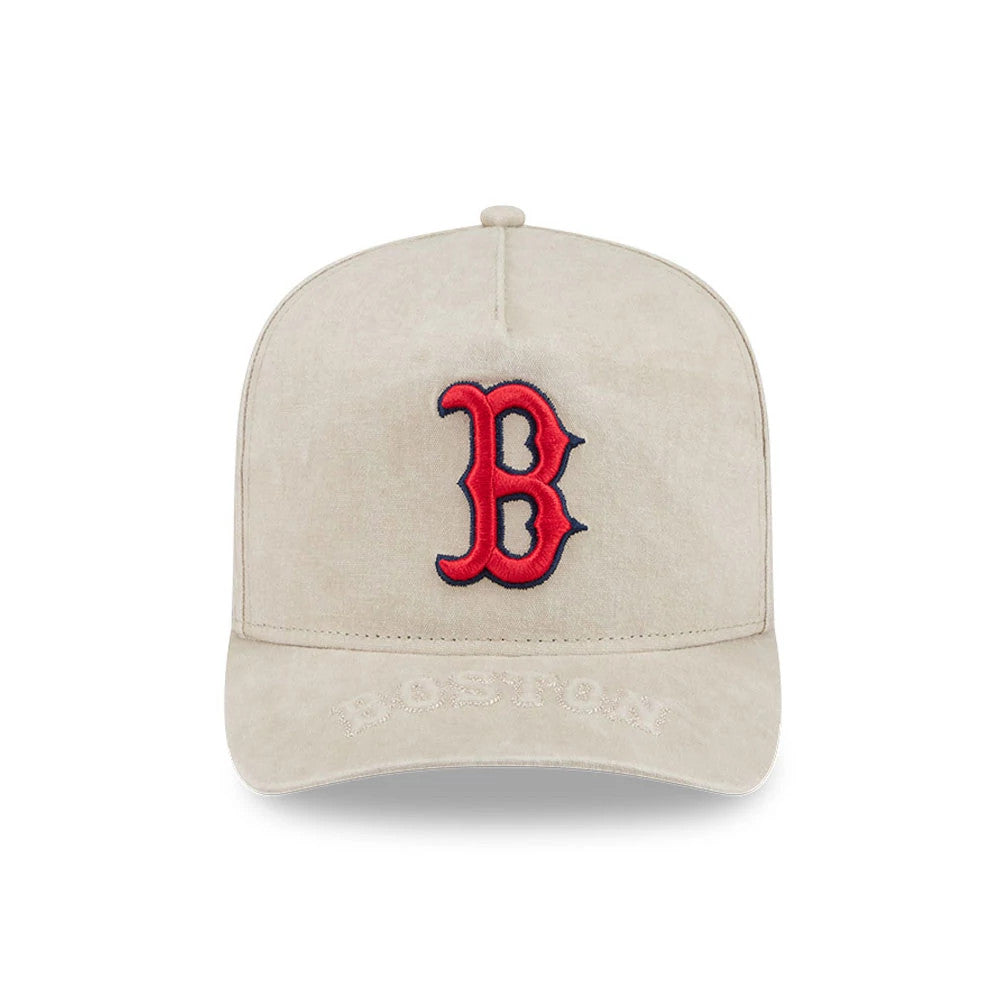 Boston Red Sox MLB Light Beige New Era 9FIFTY A-Frame Snapback Adjustable Cap, front view showing the red and white embroidered B logo on the centre front panel, with a curved visor featuring embroidered Boston lettering.