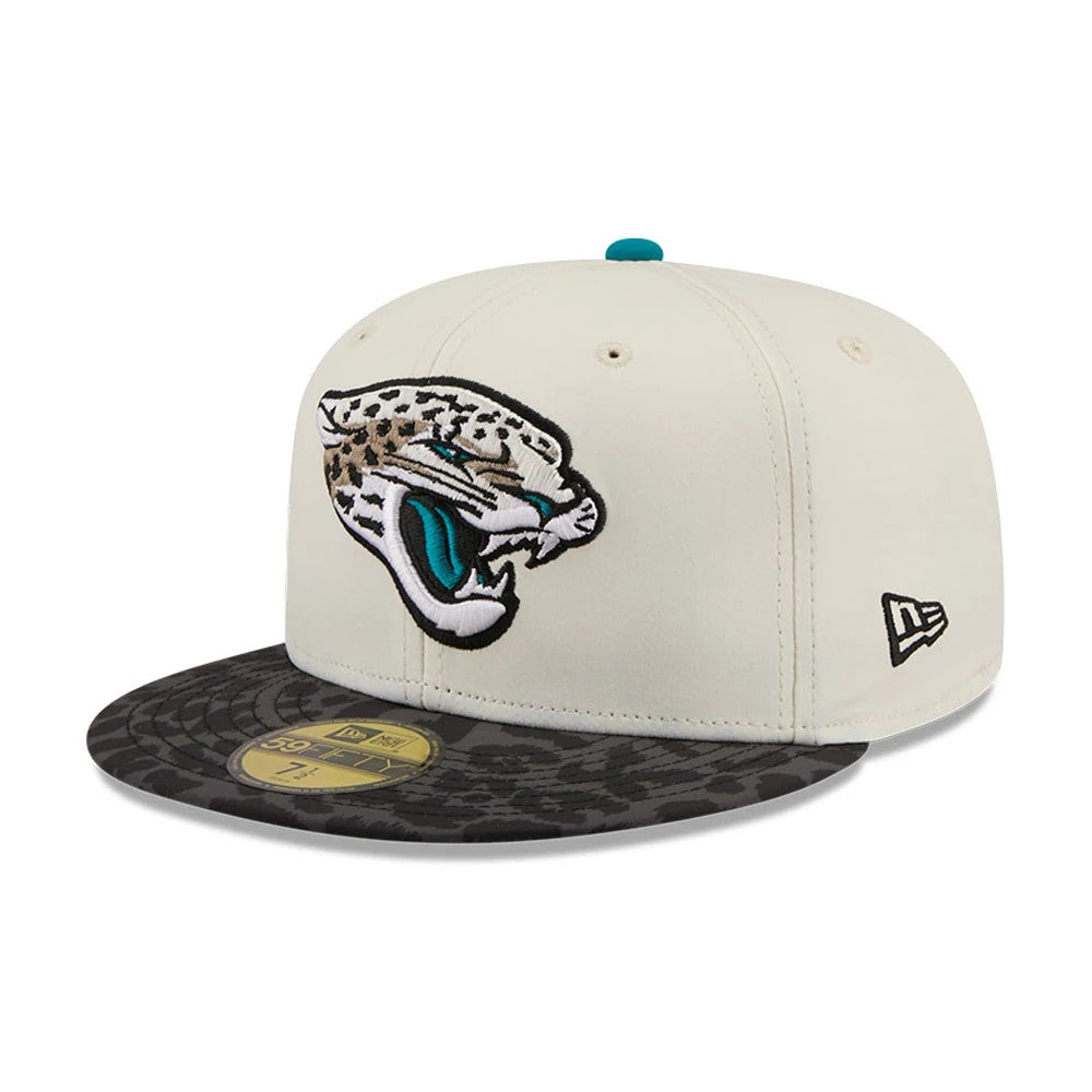 Jacksonville Jaguars NFL Rivalry 2026 White & Jaguar Print New Era 59FIFTY Fitted Cap, front view showing the embroidered jaguar head logo with teal and black on the white structured crown.