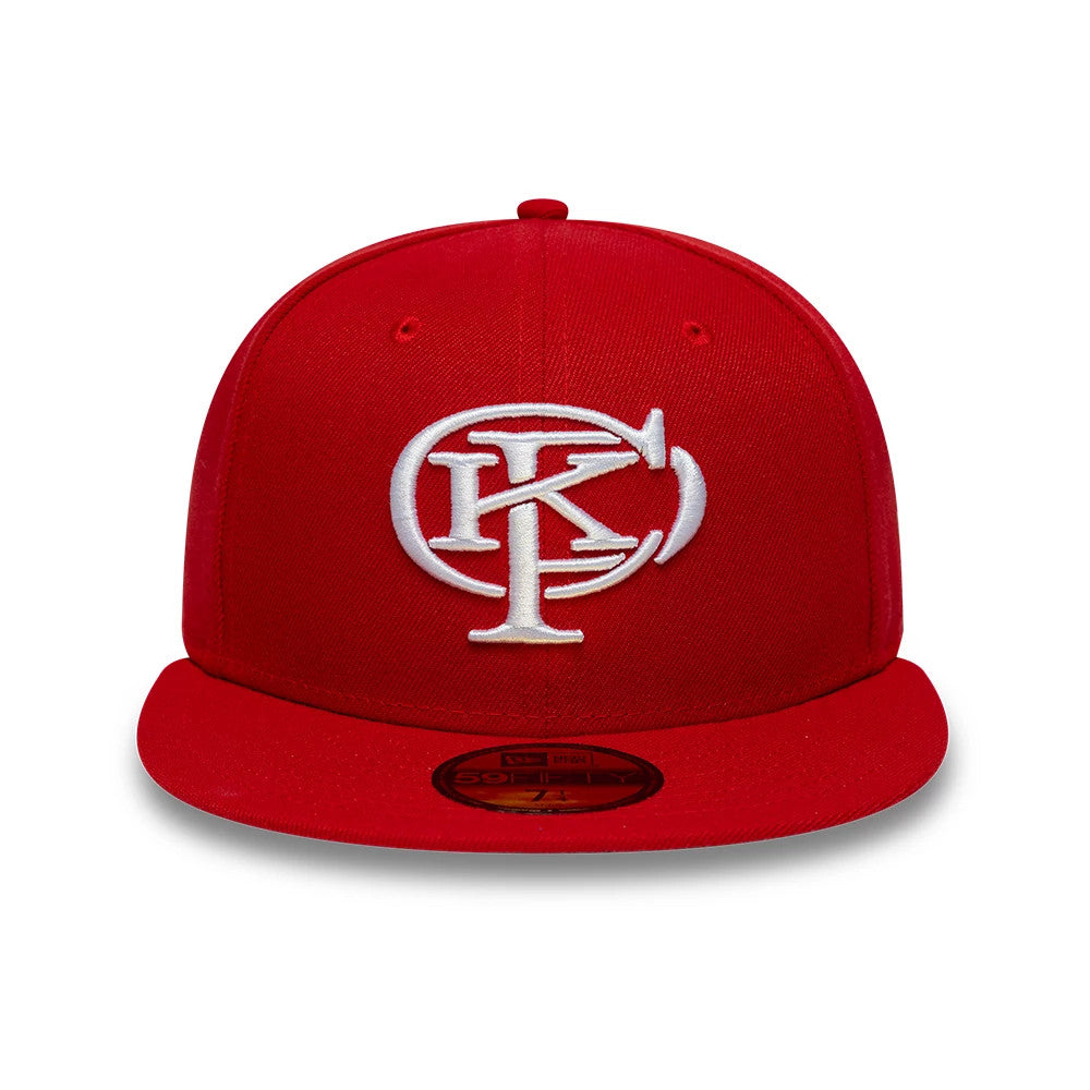 Gettomasa X New Era Red 59FIFTY Fitted Cap, front view showing the large white embroidered logo on the centre of the red crown, with a flat red visor and a dark 59FIFTY size sticker on top.